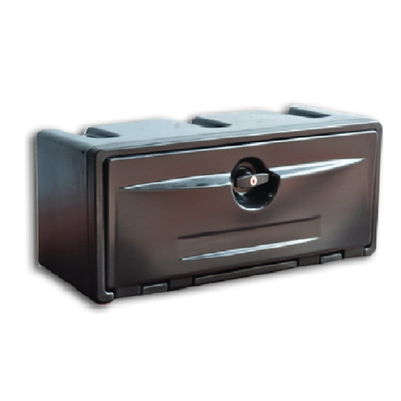 Coffre sous benne, vu de face de biais.